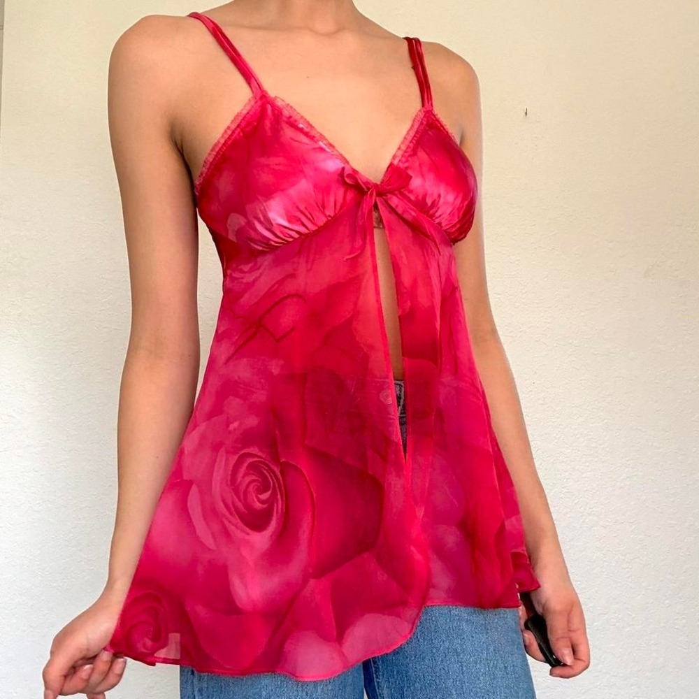 Y2K Red & Pink Rose Sheer Babydoll Top